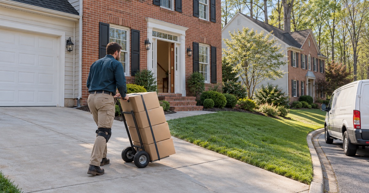 Worker wheeling a hand truck of unmarked flooring cartons up the driveway of a brick-front house in Ellicott City.