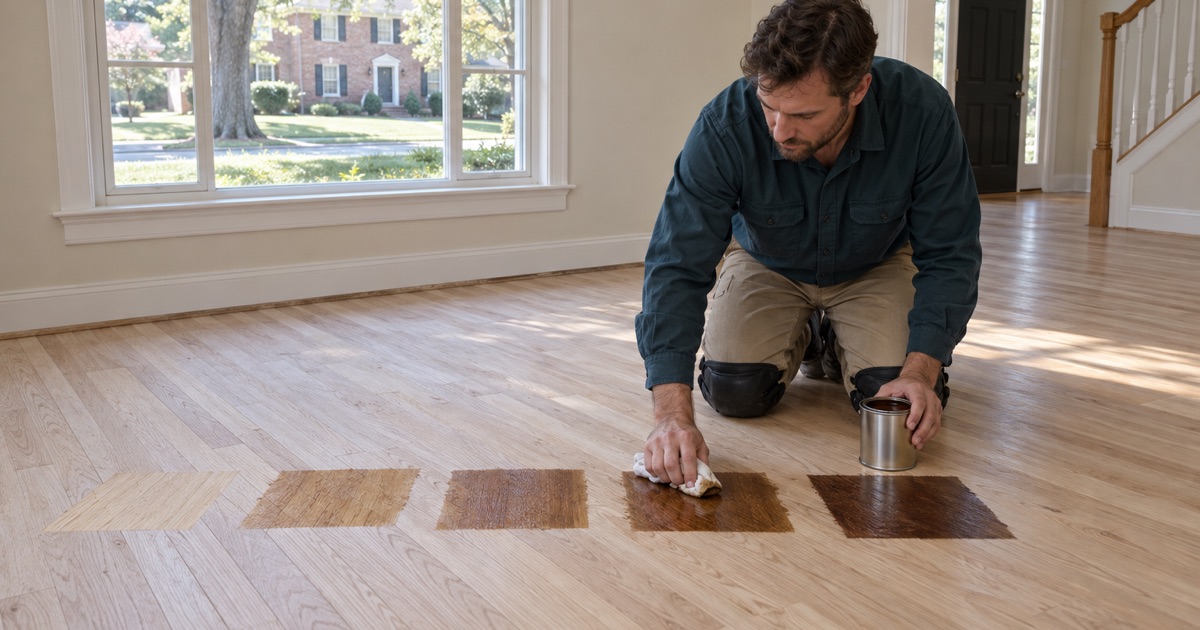 Worker wiping a row of stain samples onto freshly sanded oak in an Ellicott City living room.