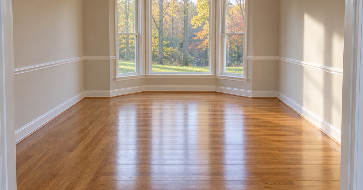 Refinished oak strip floor in the empty dining room of a 1990s Ellicott City house, a bay window beyond.