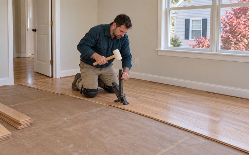 Worker striking a flooring nailer seated on the tongue of new oak strip flooring in an Ellicott City bedroom.