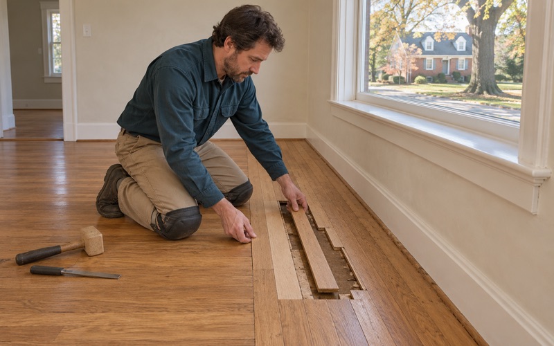 Worker lowering a replacement board into a staggered opening where a floor register once sat in an Ellicott City floor.