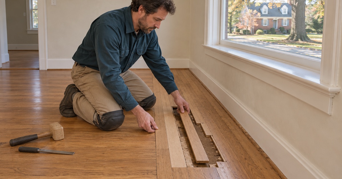 Worker lowering a replacement board into a staggered opening where a floor register once sat in an Ellicott City floor.
