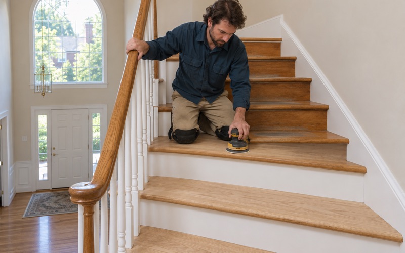 Worker sanding an oak stair tread on the open staircase of an Ellicott City two-story foyer.