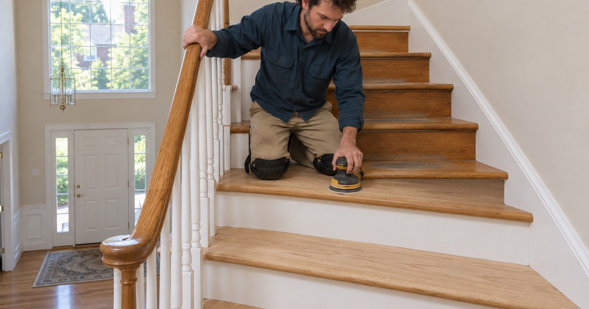Worker sanding an oak stair tread on the open staircase of an Ellicott City two-story foyer.