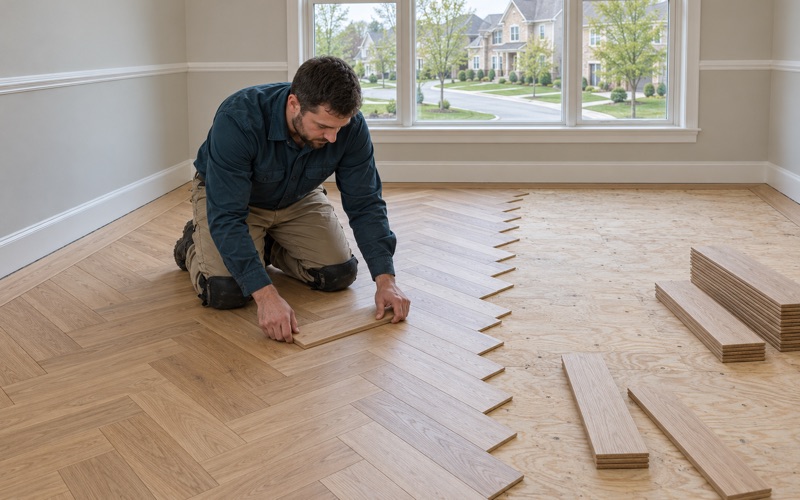 Worker pressing a white oak plank into a herringbone floor laid to a centerline in an Ellicott City dining room.