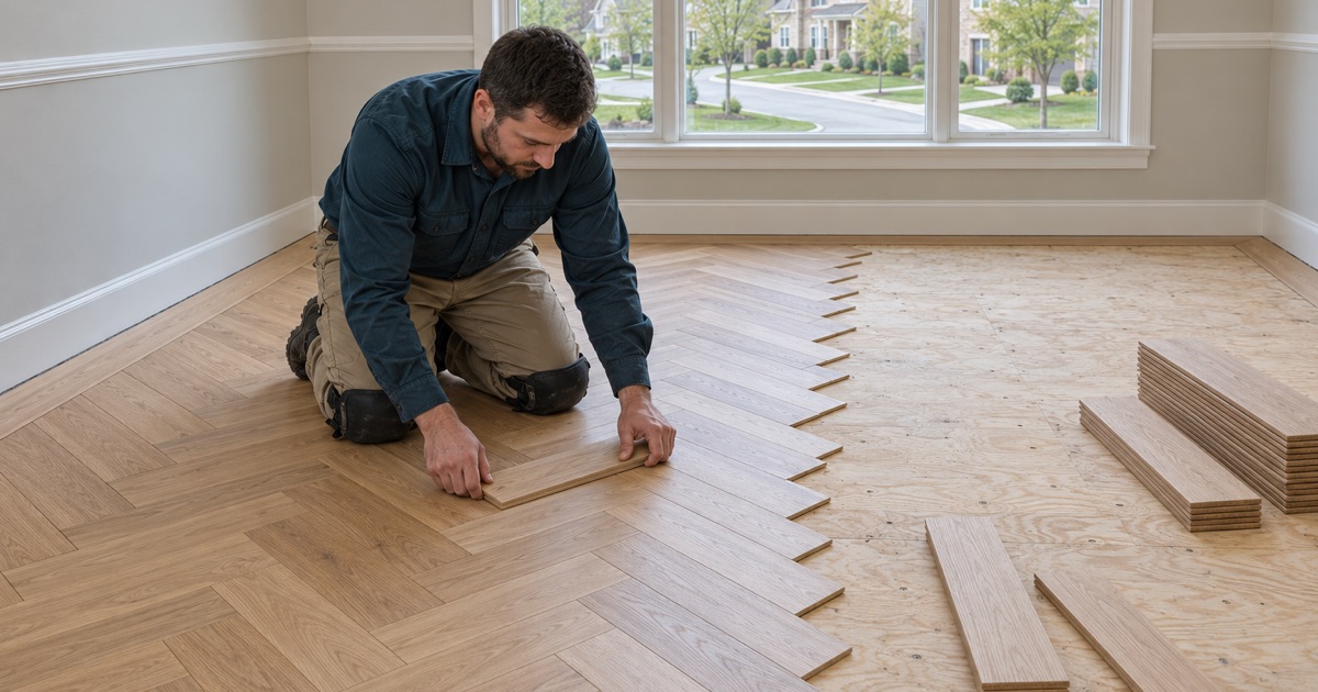 Worker pressing a white oak plank into a herringbone floor laid to a centerline in an Ellicott City dining room.