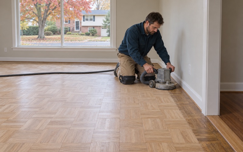 Worker running an edger along the border of an oak block parquet floor being refinished in an Ellicott City home.