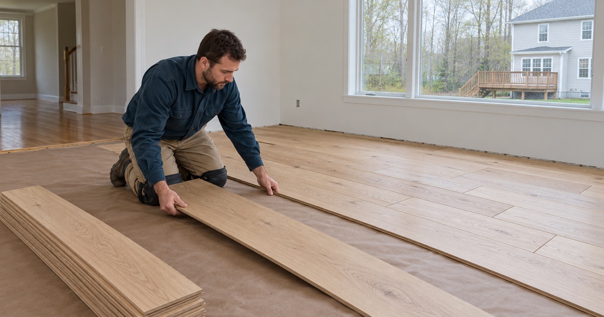 Worker dry-laying white oak planks with staggered end joints across a plywood subfloor in an Ellicott City house.