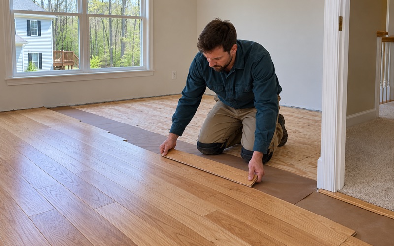 Worker fitting new oak strip flooring into a bedroom where carpet was removed, the hall carpet meeting it at the doorway.