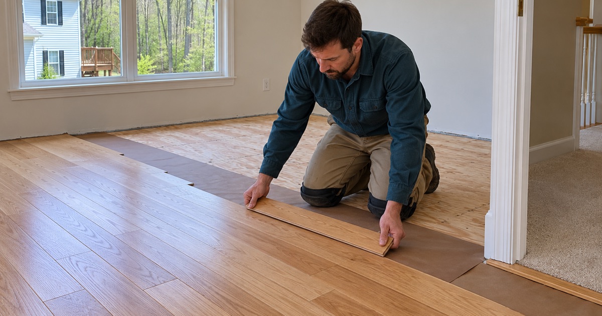 Worker fitting new oak strip flooring into a bedroom where carpet was removed, the hall carpet meeting it at the doorway.