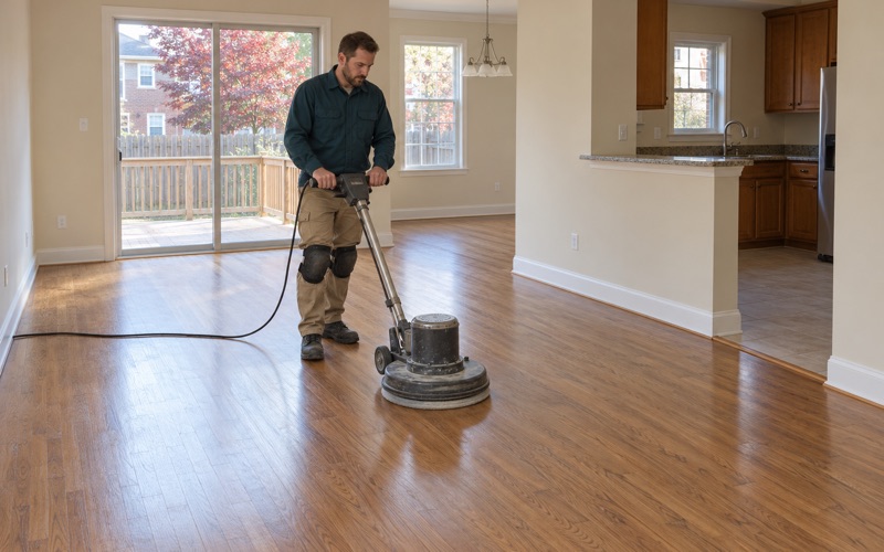 Worker guiding a floor buffer with a screening pad across a satin oak floor in an Ellicott City townhouse.