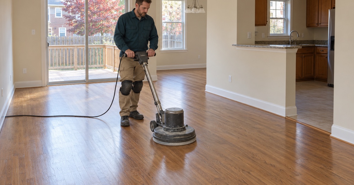 Worker guiding a floor buffer with a screening pad across a satin oak floor in an Ellicott City townhouse.