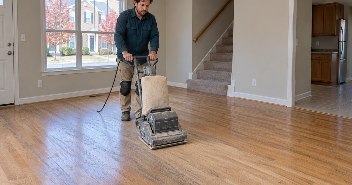 Worker running a rectangular orbital sander across a hardwood floor in an empty Ellicott City townhouse between tenants.
