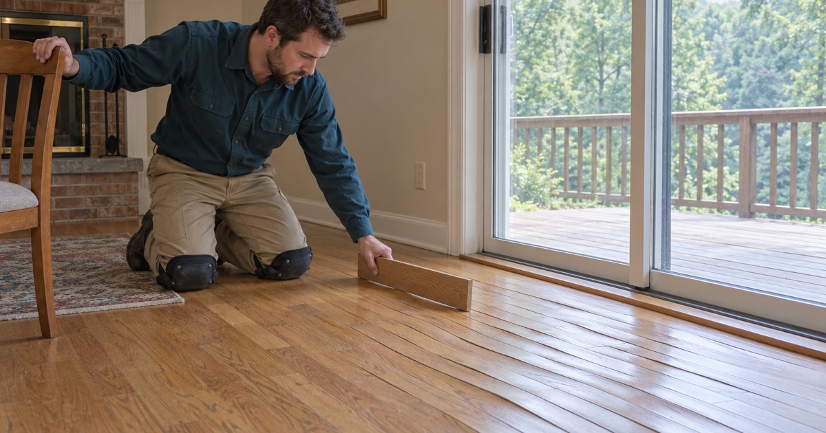 Worker holding a straight oak offcut across cupped hardwood boards to show the dip after a humid Ellicott City summer.