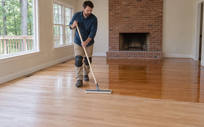 Worker walking backwards drawing clear finish across sanded red oak in an Ellicott City family room.