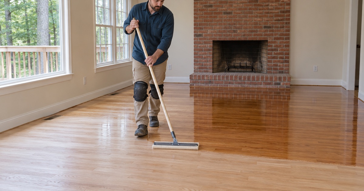 Worker walking backwards drawing clear finish across sanded red oak in an Ellicott City family room.