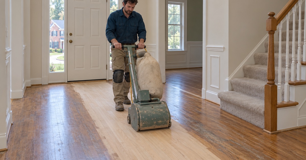 Worker guiding a drum sander along red oak strip flooring in the two-story foyer of an Ellicott City house.